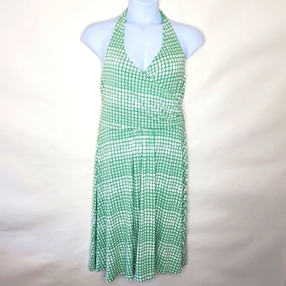 Boden Halter Neck Midi Dress Size 14 Polka Dot Green and White Stretch Viscose - Picture 5 of 15
